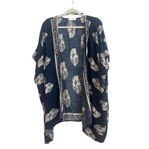 Hipster Row Navy Blue with Beige Boho Paisley Open Front Kimono